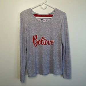 BELIEVE Shirt Sleepwear Lounge PJ Top Gray Size Small Stretch Christmas Holiday